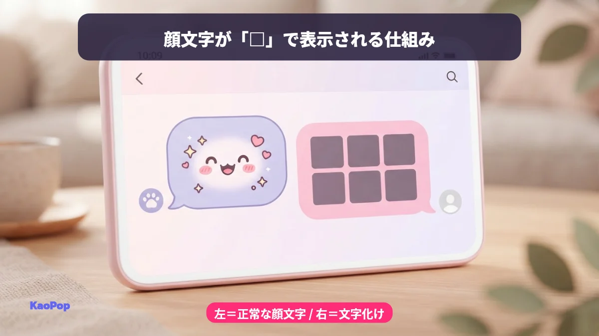 顔文字が□（四角）で文字化けして表示される仕組みの比較イラスト