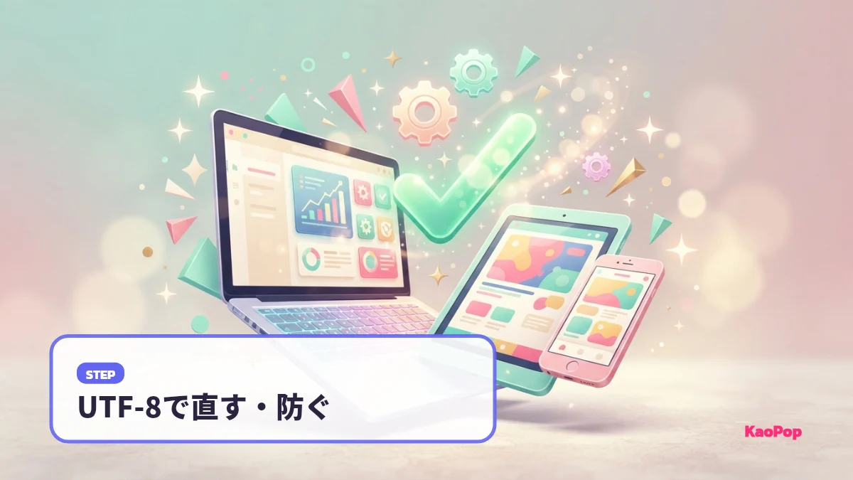 顔文字の文字化けをUTF-8とフォントで直す方法のイメージ