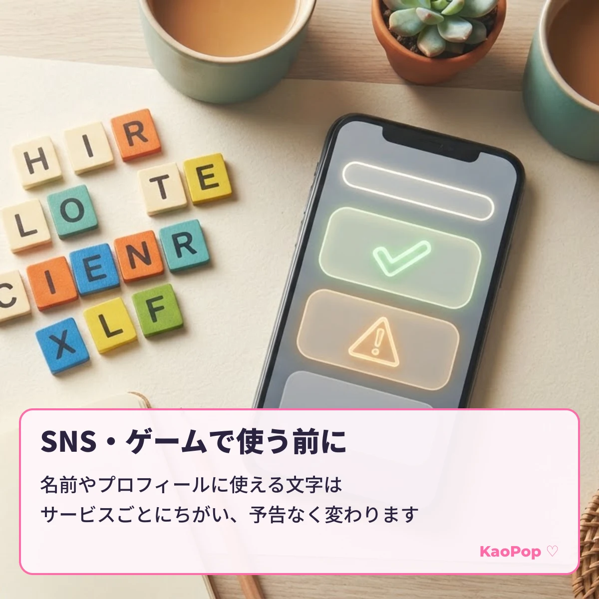 SNSやゲームの名前に使える文字はサービスごとにちがうことを示すスマートフォン KaoPop