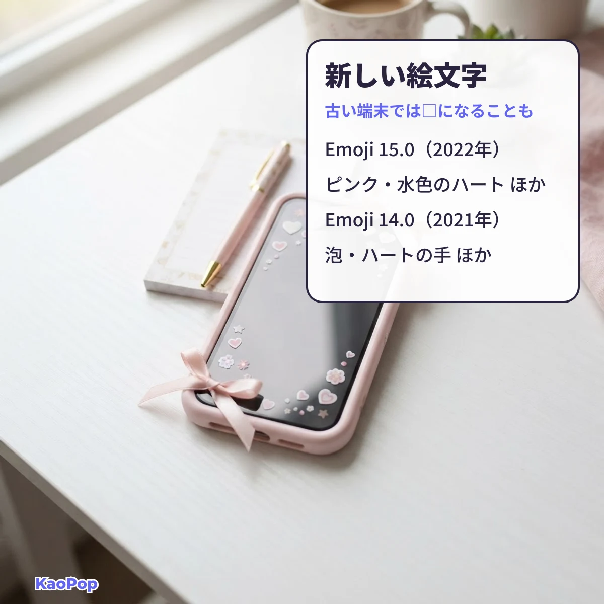 Emoji 15.0と14.0で追加された新しい絵文字が古い端末で表示されない例